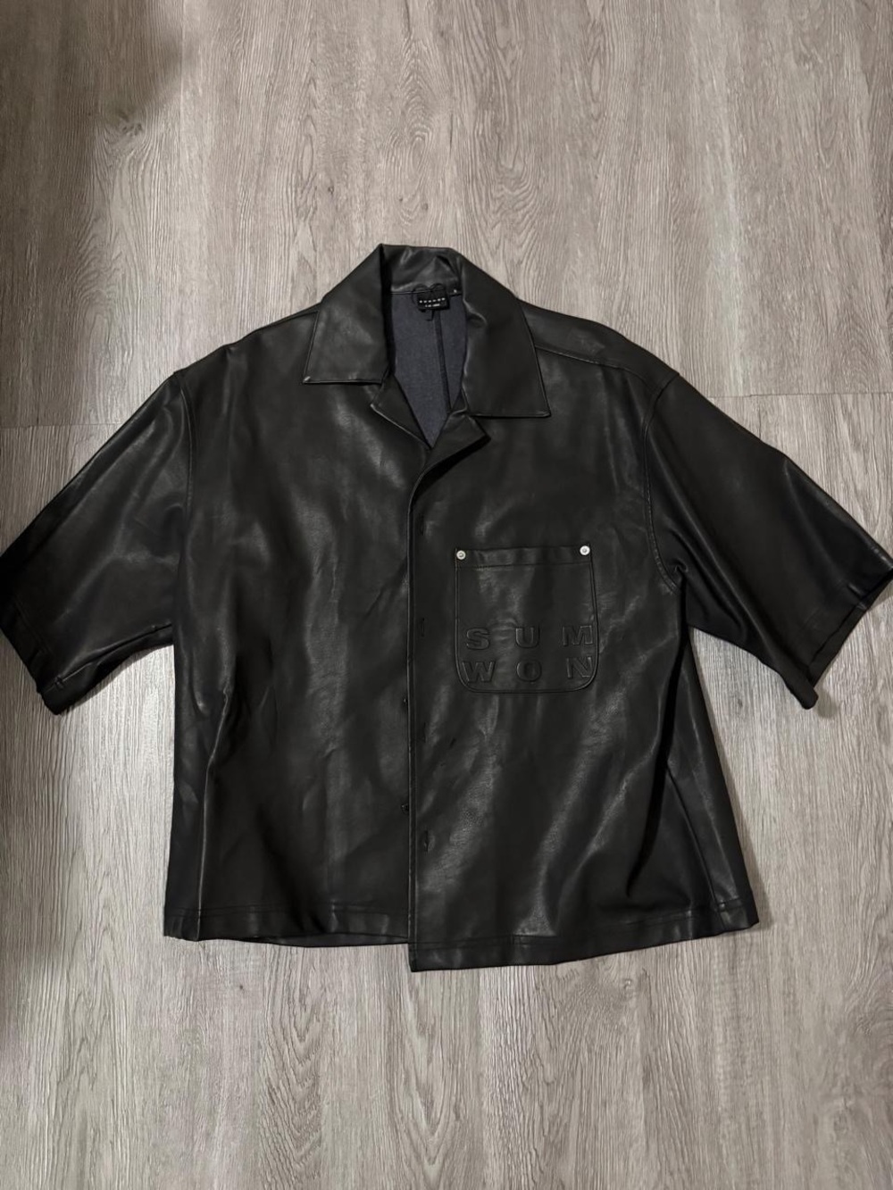 Black Short-Sleeve Leather Shirt Jacket